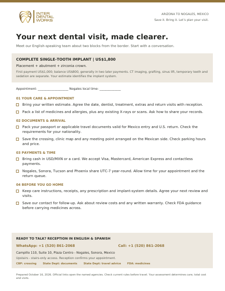 Preview of the one-page Nogales dental visit plan
